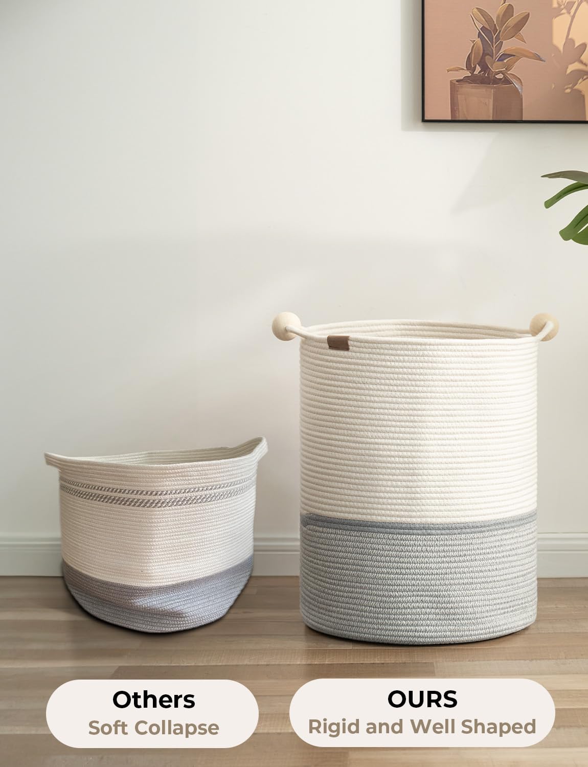 StorageWorks 58L Cotton Rope Laundry Basket with Wooden Beads Handles, Woven Basket for Storage