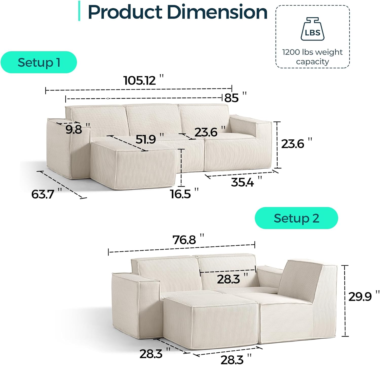 LINSY HOME Modular Sectional Sofa, 105" Boneless Couch L Shaped 3-Seat Sofa with Movable Ottoman