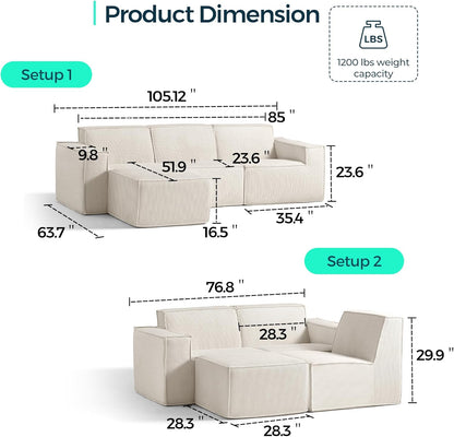 LINSY HOME Modular Sectional Sofa, 105" Boneless Couch L Shaped 3-Seat Sofa with Movable Ottoman