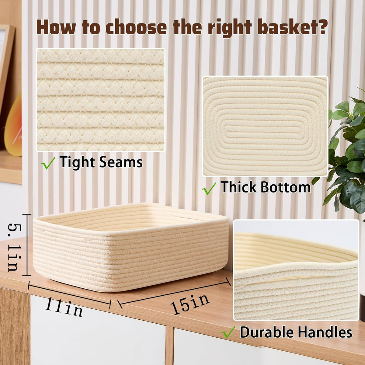 Large Shallow Organizing Baskets 15x11x5.1 Inches - Rope Woven Storage Bins for Bathroom, Shelves