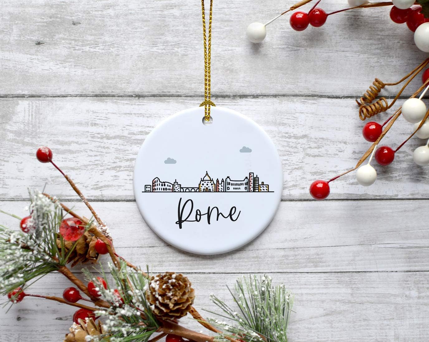 Andaz Press Round Ceramic Porcelain Christmas Tree Ornament Keepsake Gift, Rome, Colorful