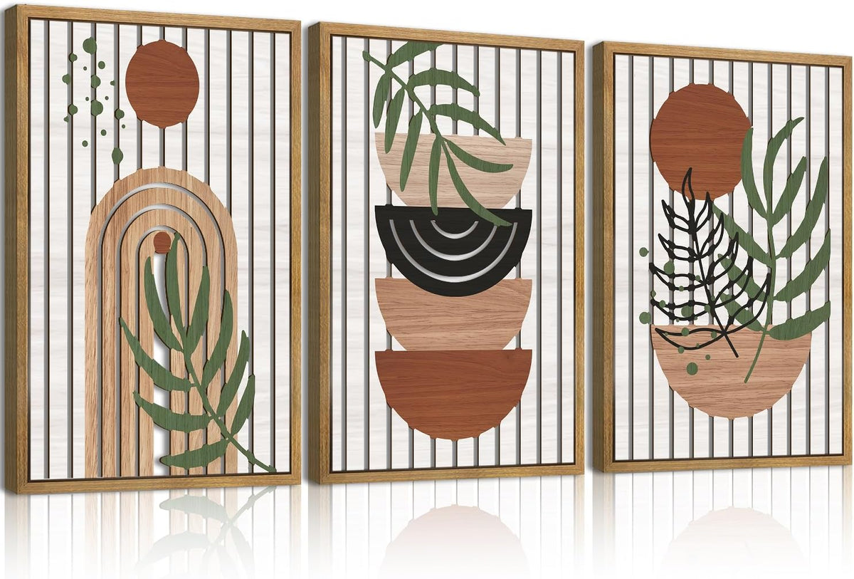 Large Boho Mid Century Wood Wall Art Set Modern Bohemian Wooden Wall Decor Minimalist Leaf Art