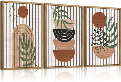 Large Boho Mid Century Wood Wall Art Set Modern Bohemian Wooden Wall Decor Minimalist Leaf Art