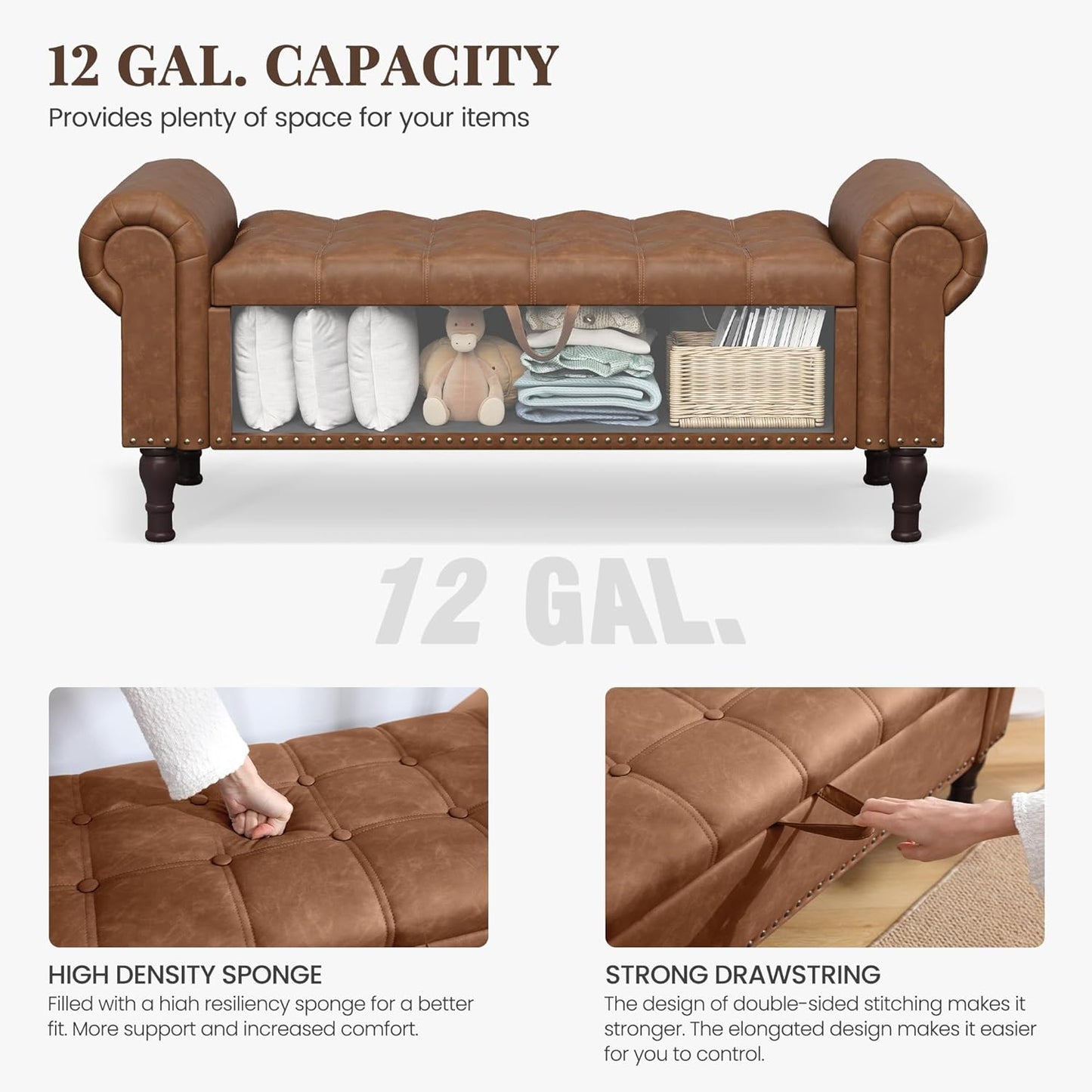 51" Storage Ottoman Bench for Bedroom, Full Queen Storage Bench with Button, Upholstered Bedroom