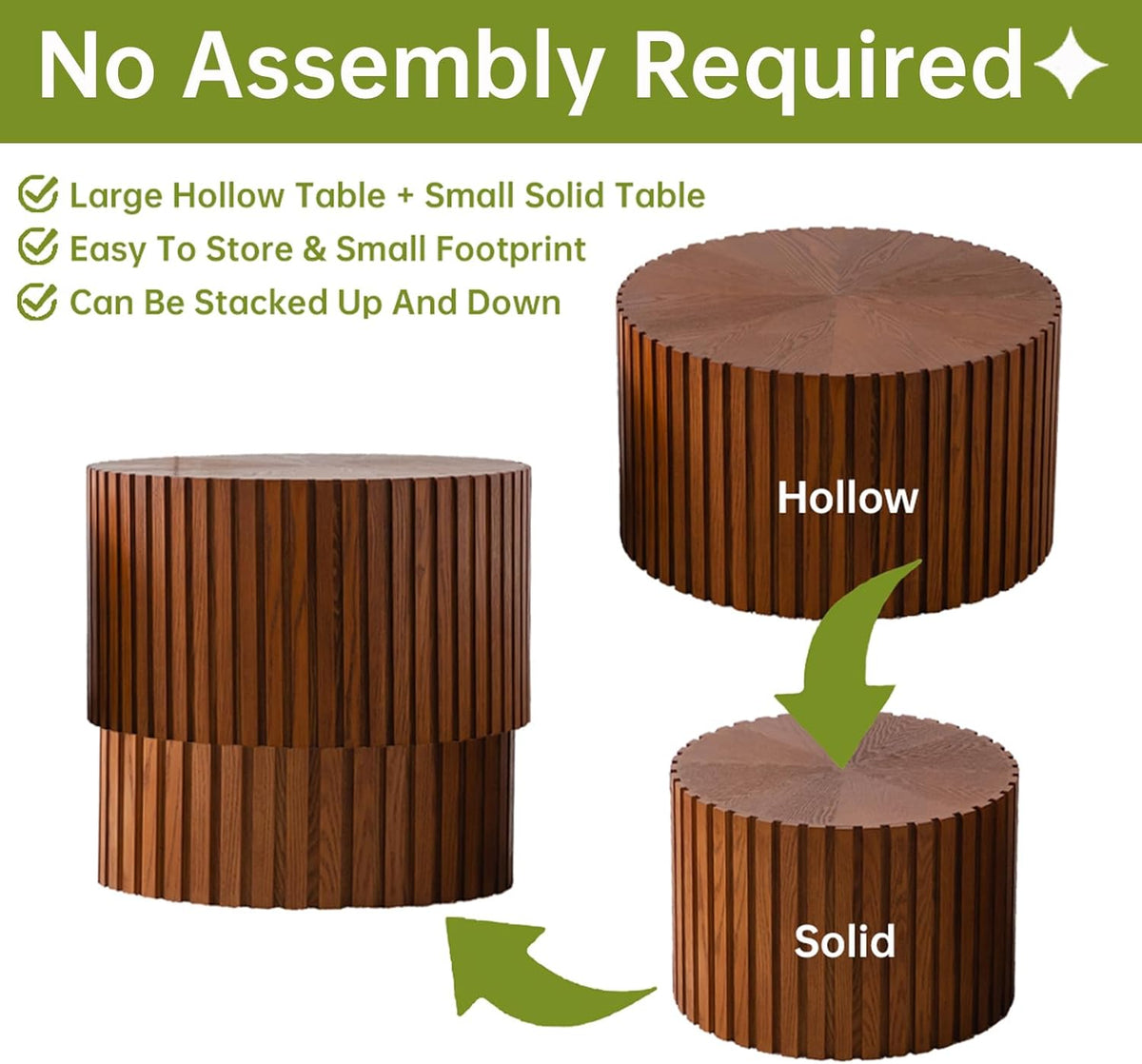 Round Nesting Coffee Table, Drum Wood Coffee Table Set of 2 Brown, Modern Fluted Nesting Tables