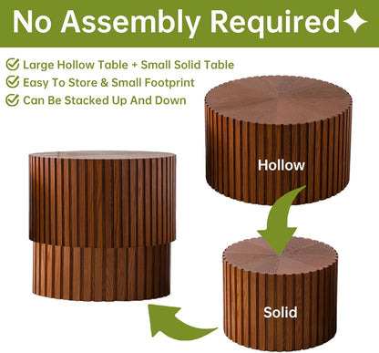 Round Nesting Coffee Table, Drum Wood Coffee Table Set of 2 Brown, Modern Fluted Nesting Tables