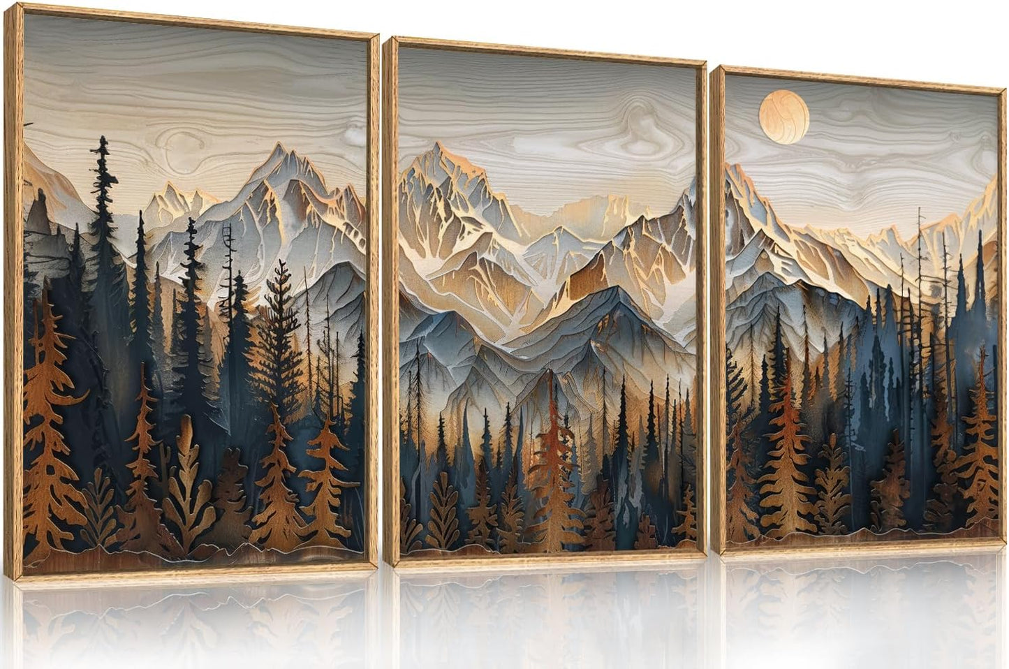 Celestdeco Wood Mountain Framed Canvas Wall Art Set, Pine Trees Wall Painting, Ridge Scenery Wall