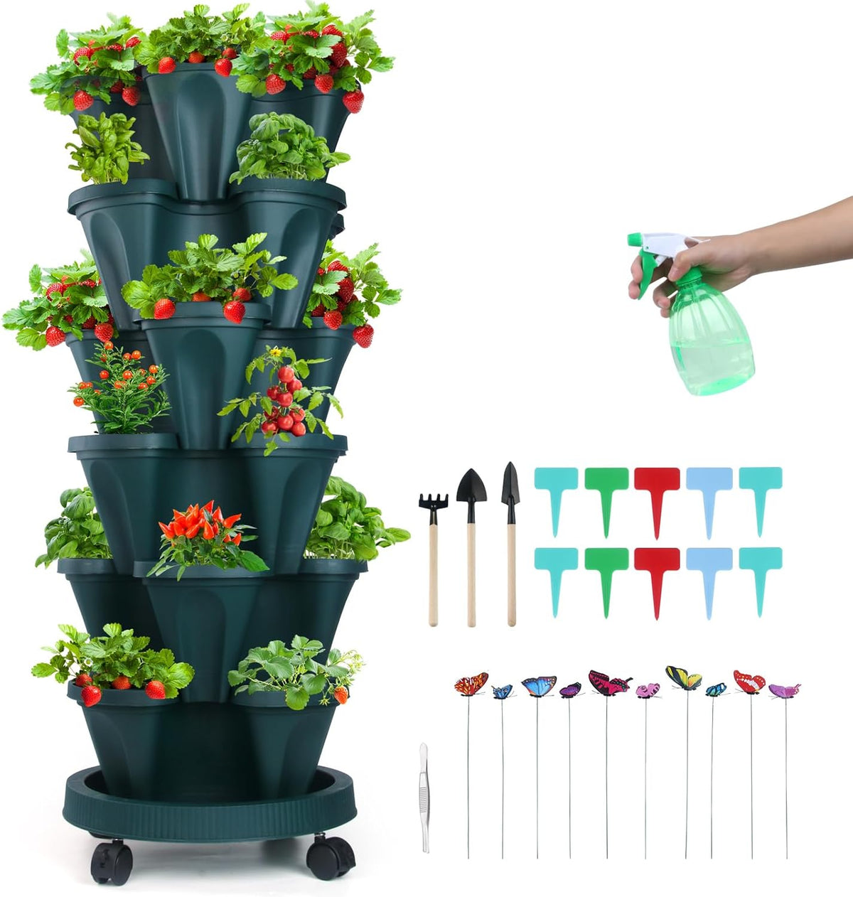 Vertical Planter, 6 Tier Stackable Strawberry Planter with Garden Tool Set, Movable Indoor/Outdoor