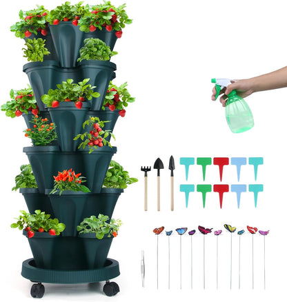 Vertical Planter, 6 Tier Stackable Strawberry Planter with Garden Tool Set, Movable Indoor/Outdoor