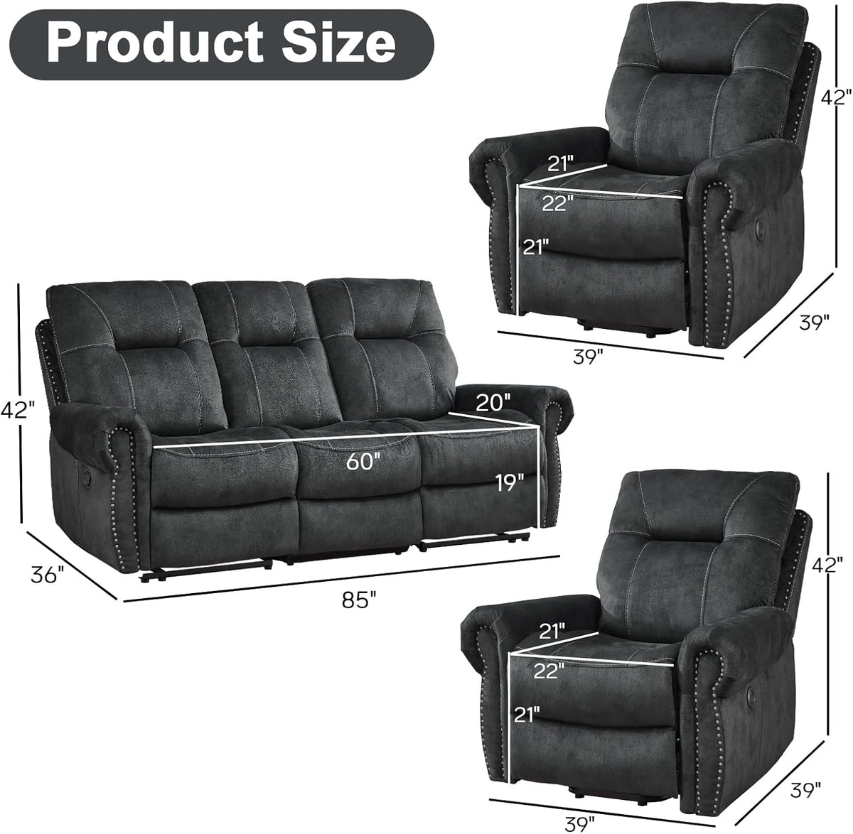 EBELLO 3 Pieces Reclining Couch Furniture Set for Living Room, Double 1 Seat Power Recliner Chair