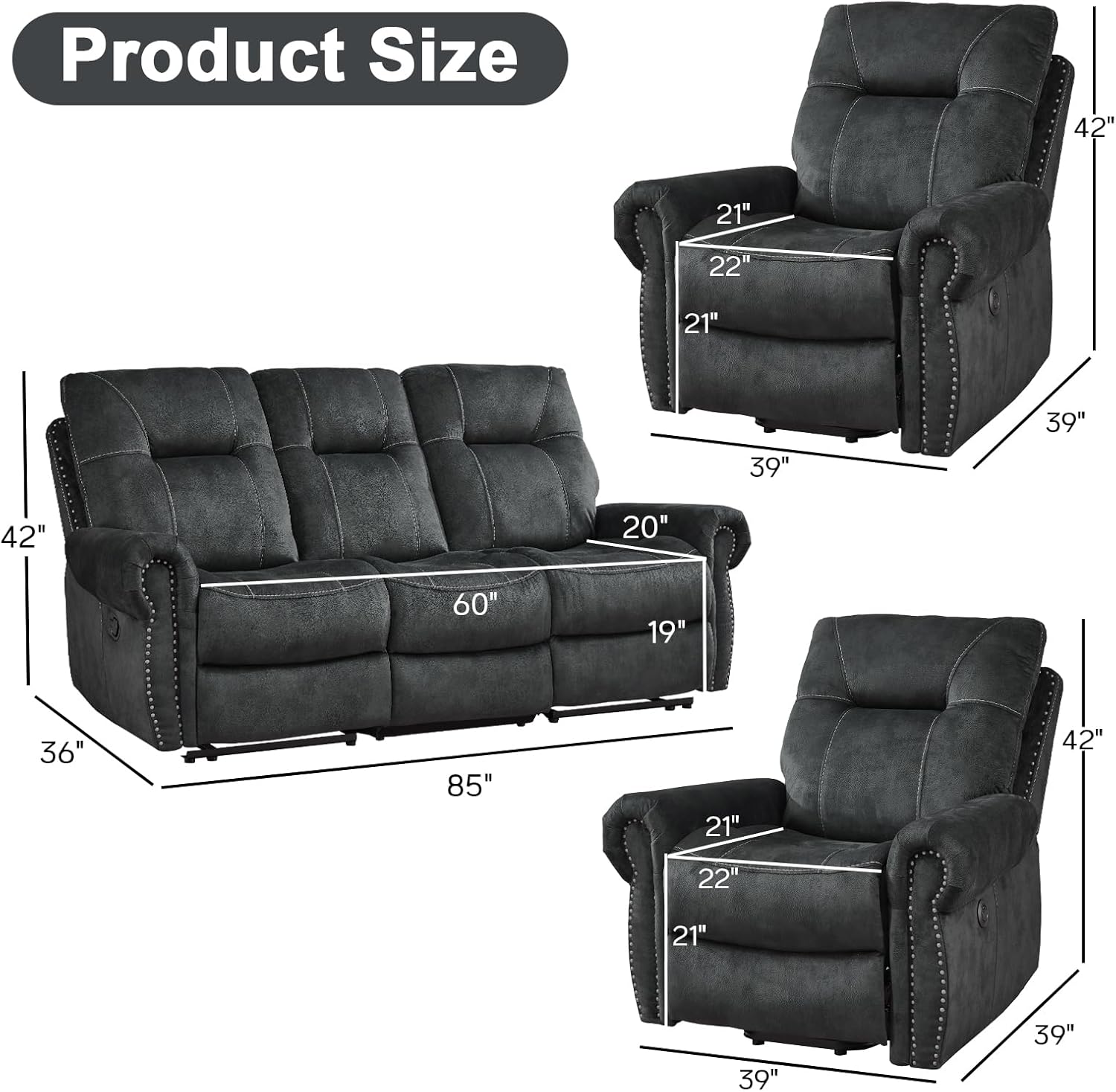 EBELLO 3 Pieces Reclining Couch Furniture Set for Living Room, Double 1 Seat Power Recliner Chair