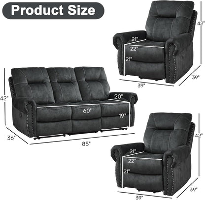EBELLO 3 Pieces Reclining Couch Furniture Set for Living Room, Double 1 Seat Power Recliner Chair