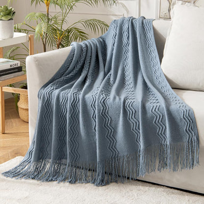 MIULEE Dusty Blue Cozy Knitted Throw Blanket for Couch Textured Knit Blanket with Tassels Woven