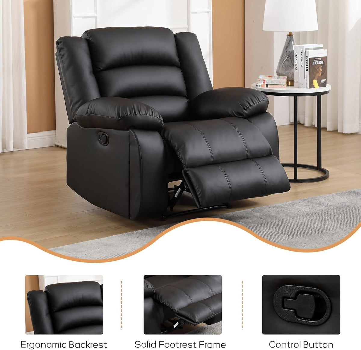 EBELLO Faux Leather Manual Recliner Chair, Single Reclining Sofa Chair Couch with 2 Concealed Cup