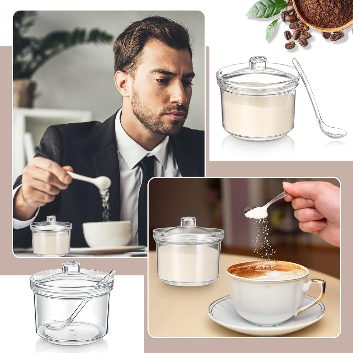 Patelai 4 Pieces Sugar Bowl Acrylic Clear Sugar Bowl with Lid and Salt Spoon Storage Jar with