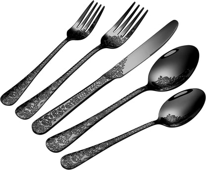 Floral 40 Pcs Black Silverware Set for 8, Food Grade Stainless Steel Flatware Set with Rose Flower