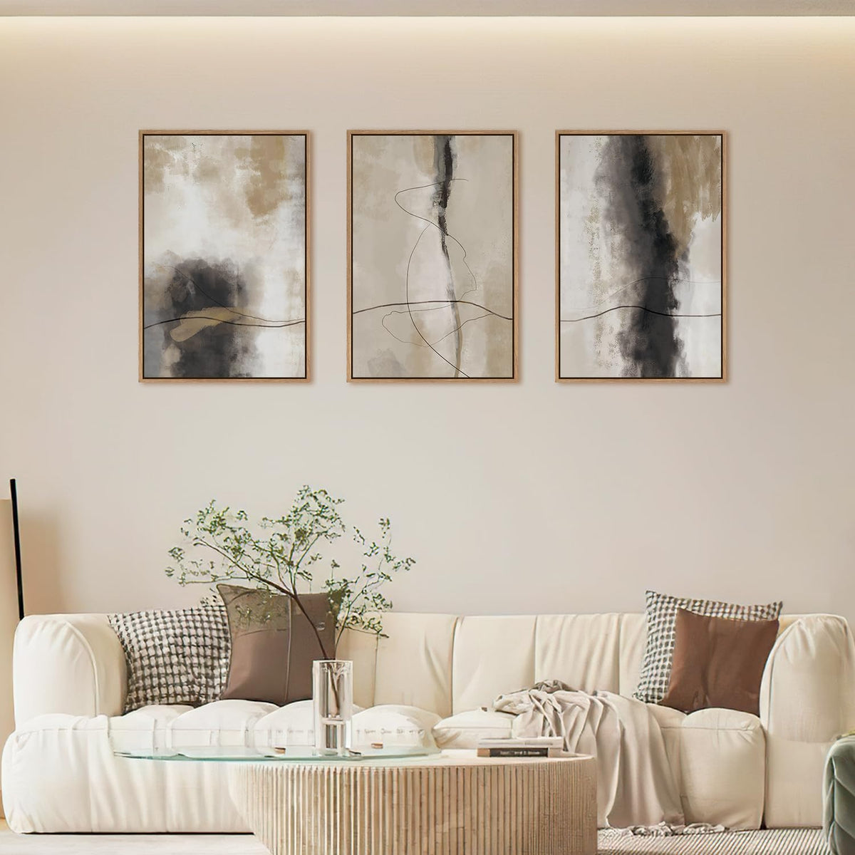 HPINUB Large Modern Abstract Framed Canvas Wall Art Set,Geometric Line Black White and Beige