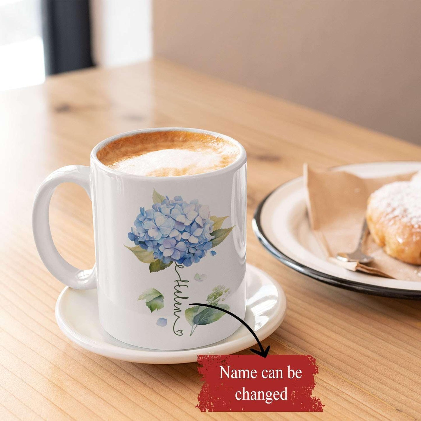 Custom Hydrangea Blossom Design Mug, Personalized Name Blue Flower Coffee Cup, Customized Flower