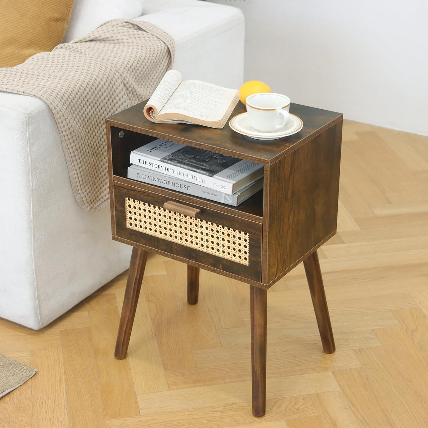 MaxSmeo Mid Century Nightstand, Rattan Side Table with Drawer, Wood Modern Bedside Table for