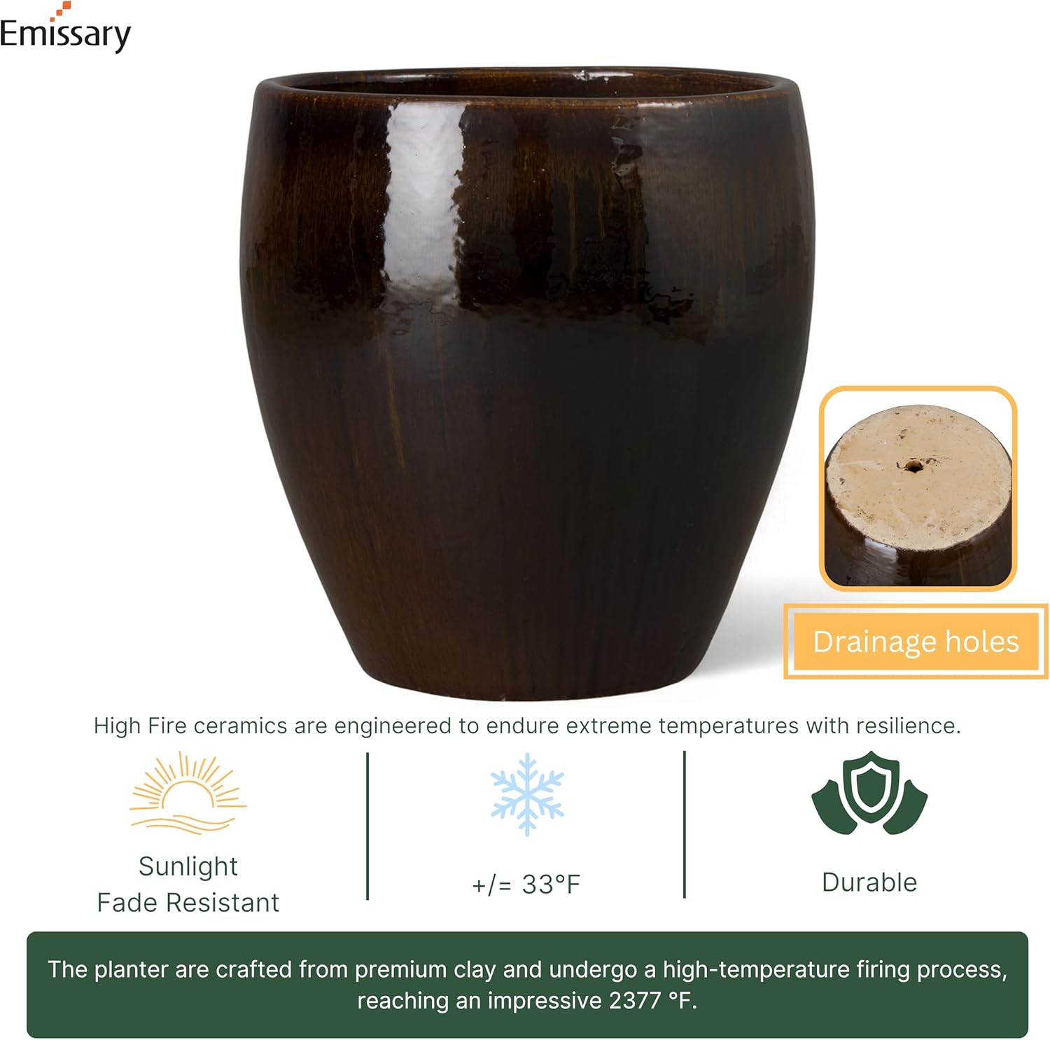 Emissary Home and Garden 18.5in. L x 19in. H Java Stoneware Round Planter with High-fire Treatment
