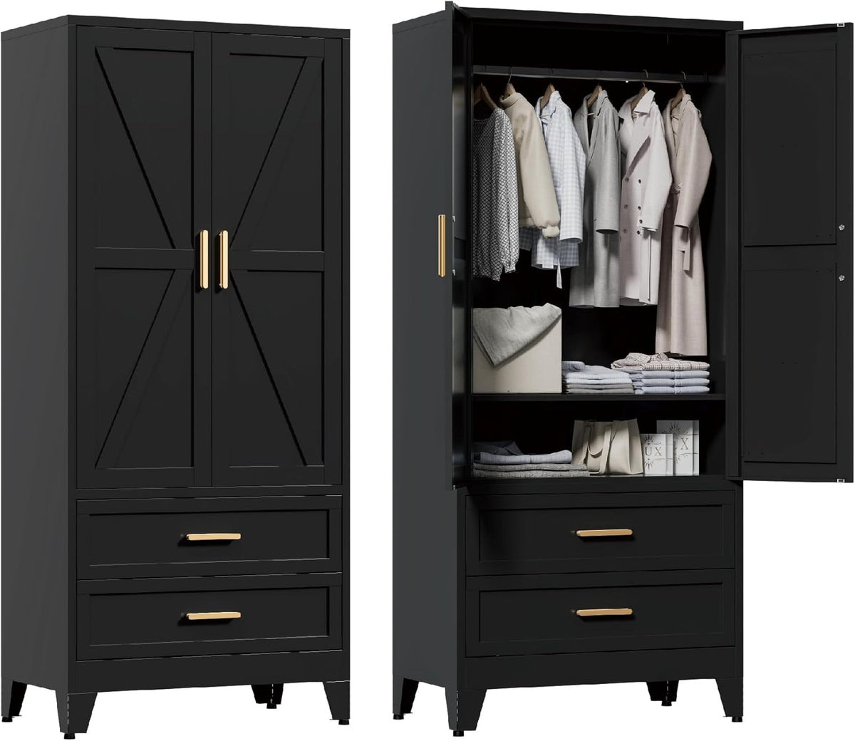 71'' Farmhouse Metal Wardrobe Cabinet with Hanging Rod, 2 Barn Door Wardrobe Closet with Adjustable