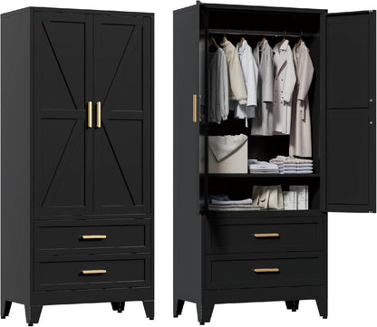 71'' Farmhouse Metal Wardrobe Cabinet with Hanging Rod, 2 Barn Door Wardrobe Closet with Adjustable