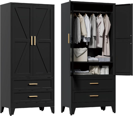 71'' Farmhouse Metal Wardrobe Cabinet with Hanging Rod, 2 Barn Door Wardrobe Closet with Adjustable