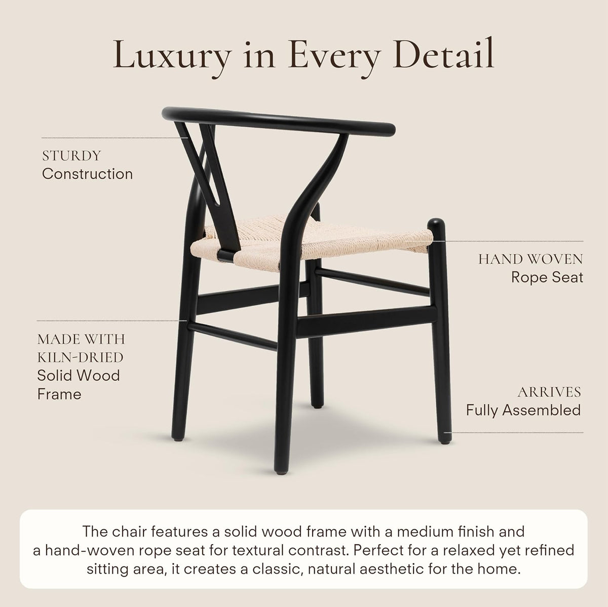 POLY & BARK Weave Dining Chair – Mid-Century Modern Wishbone Dining Chair with Arms, Solid Wood