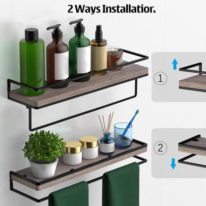 Meangood Floating Shelves Wall Mounted, Wall Shelf with Towel Bar Rustic Wood Wall Storage Shelves
