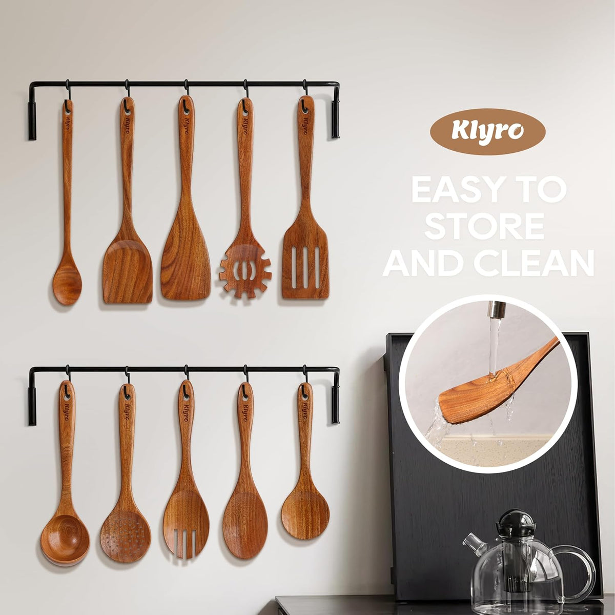 Teak Wooden Cooking Utensils Set, 10 Piece Premium Kitchen Cookware, Non-Scratch Wooden Spoons for