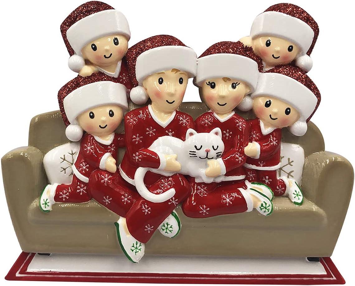 3D Matching Pajama Family of 6 with Cat Ornament 2025 Personalized Family Christmas Ornaments 2025