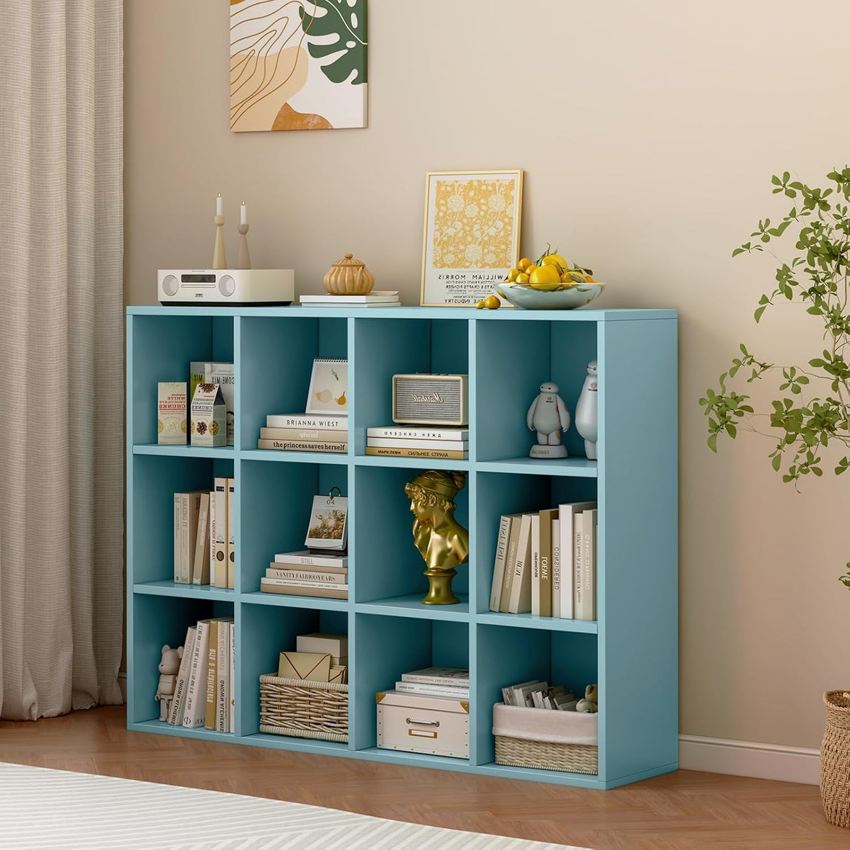 12-Cube Storage Shelf Bookcase - Wooden 3-Tier Floor Standing Open Bookshelf for Home and Office
