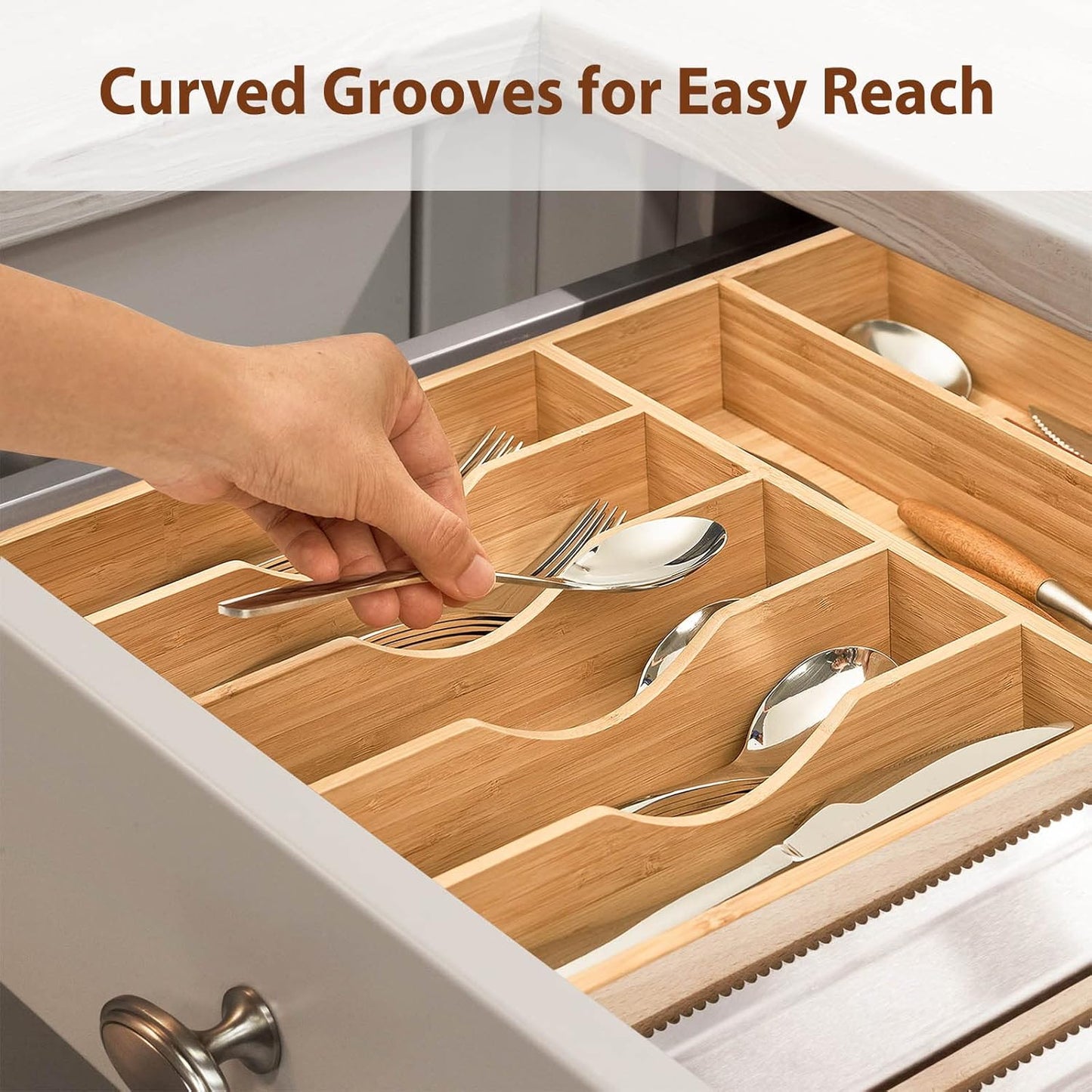 Umilife Bamboo Kitchen Drawer Organizer, 13 Inch Silverware Utensil Tray Holder, Extra Deep Grooved