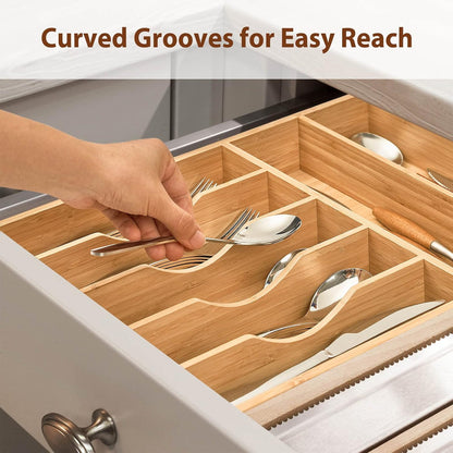 Umilife Bamboo Kitchen Drawer Organizer, 13 Inch Silverware Utensil Tray Holder, Extra Deep Grooved
