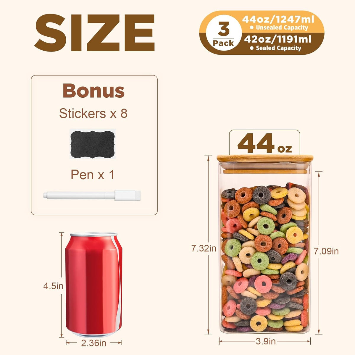 Glass Food Storage Jars Square 44oz, 3 Pack Glass Jars With Bamboo Lids, Kitchen Storage Containers