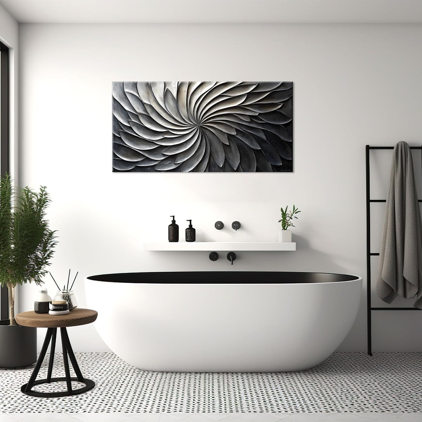 LASMOND Abstract Black and White Wall Art for Living Room Modern Canvas Print Painting Lines Flower
