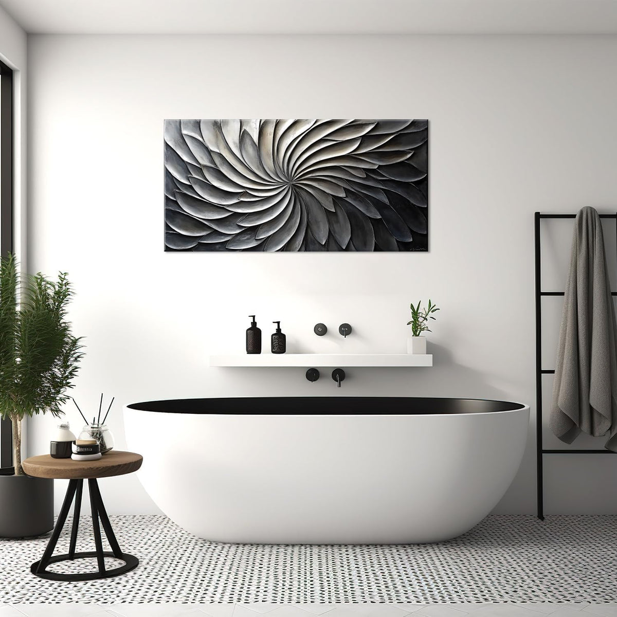 LASMOND Abstract Black and White Wall Art for Living Room Modern Canvas Print Painting Lines Flower