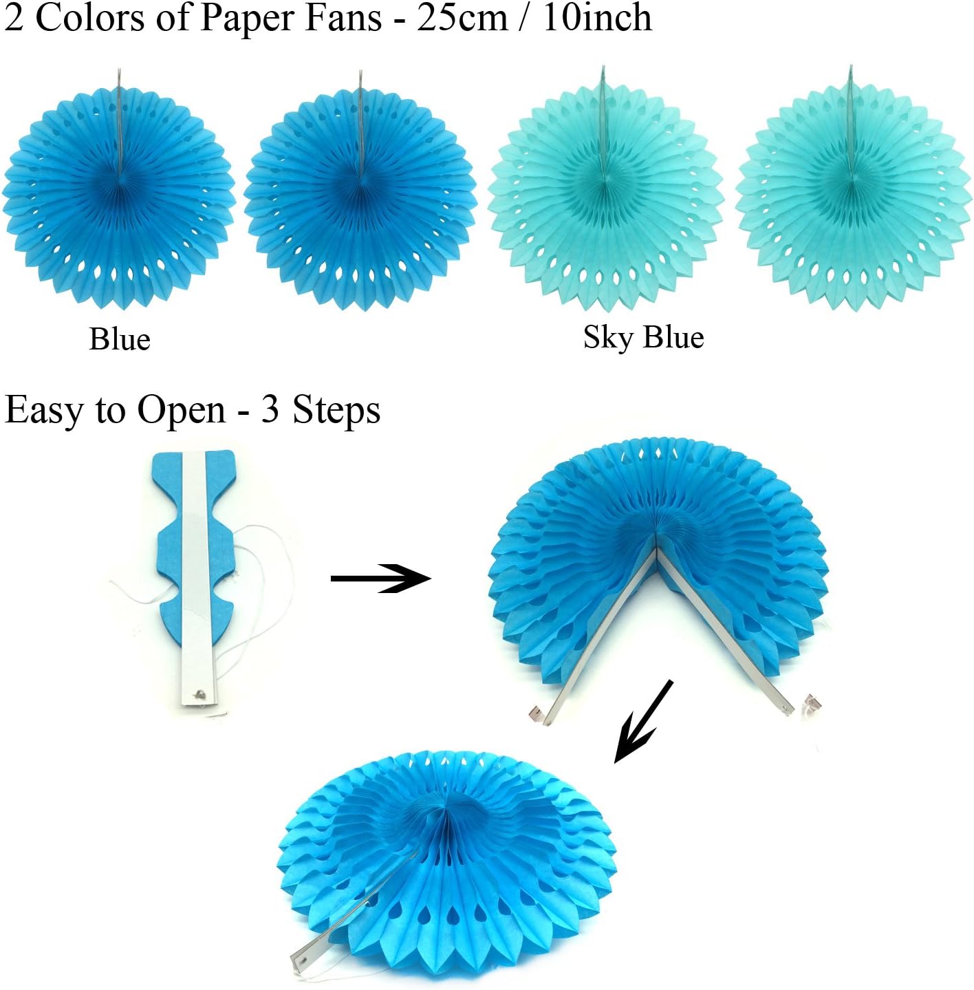 ZERODECO Party Decoration, 21 Pcs Blue Hanging Paper Fans, Pom Poms Flowers, Garlands String Polka