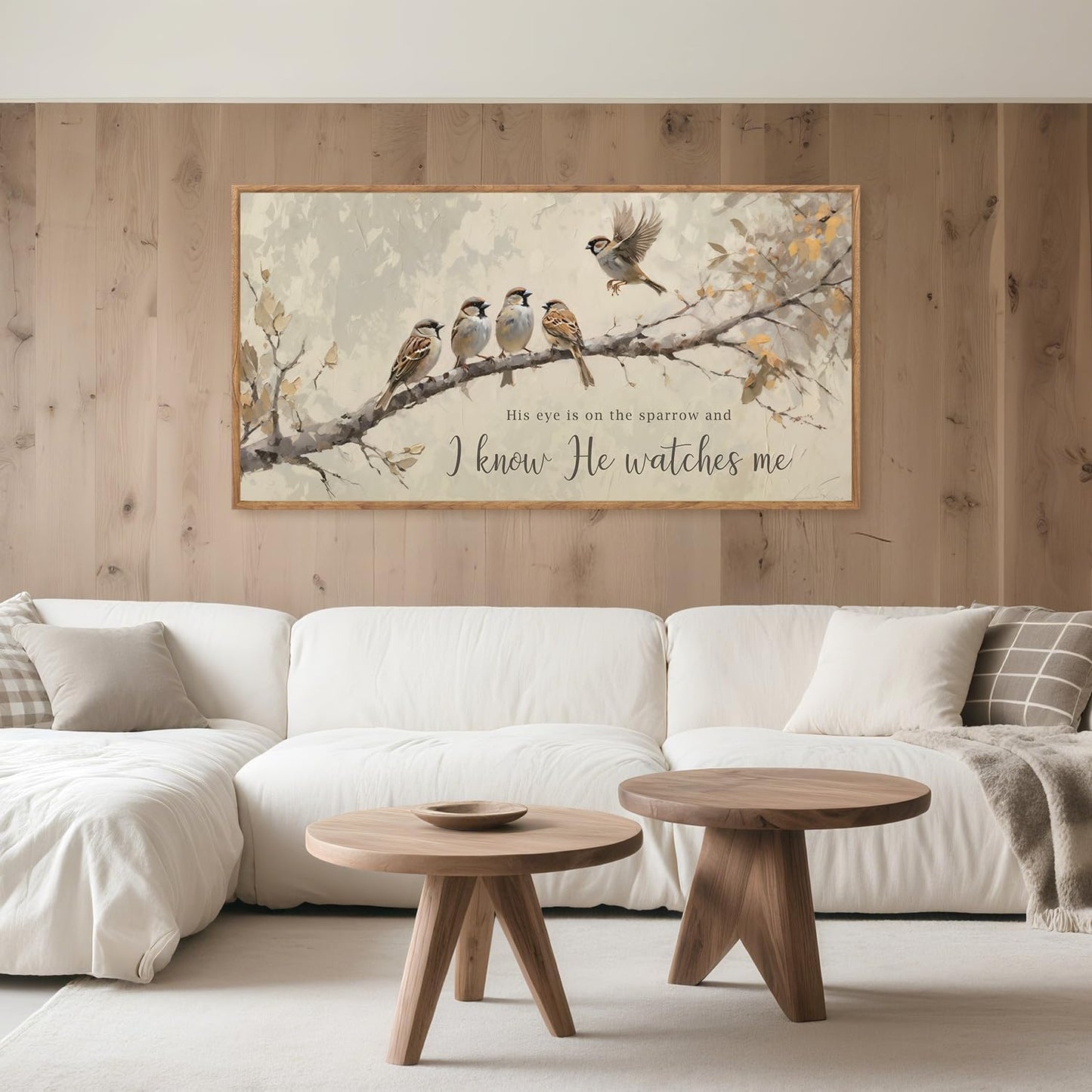 Aurlan His Eye is on the Sparrow Christian Wall Art Framed(40"x20"), Vintage Neutral Birds on Tree