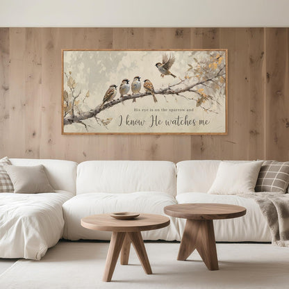Aurlan His Eye is on the Sparrow Christian Wall Art Framed(40"x20"), Vintage Neutral Birds on Tree