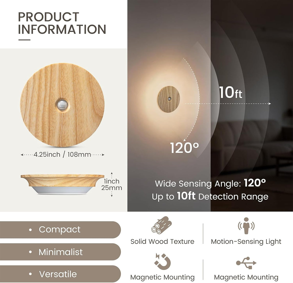 Motion Sensor Night Light Wood Rechargeable Battery-Powered Stick-On Step Lights Loftie Lights