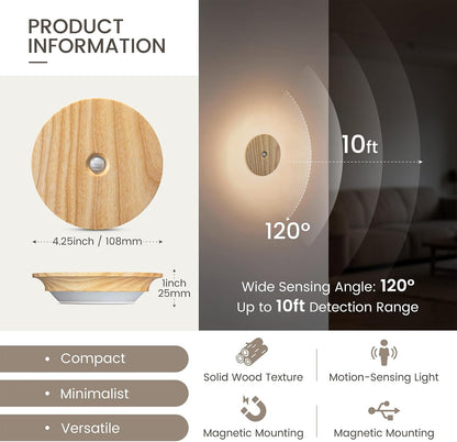Motion Sensor Night Light Wood Rechargeable Battery-Powered Stick-On Step Lights Loftie Lights