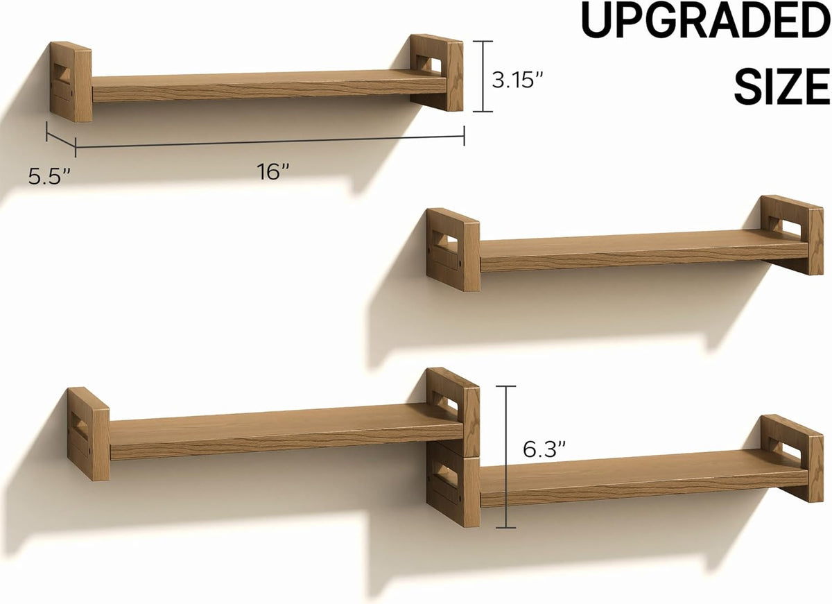 Vailando Floating Shelves for Wall, Set of 4 Solid Wood Wall Mounted Shelves, 16" Rustic Walnut