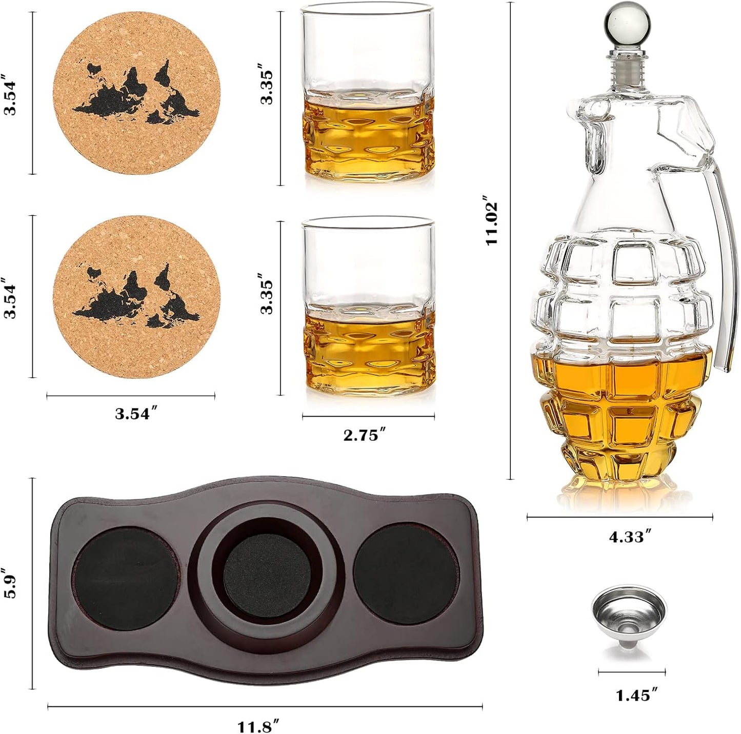Whiskey Decanter Set Grenade Shaped Liquor Decanter Set with 2 Glasses - Scotch Bourbon Drinking