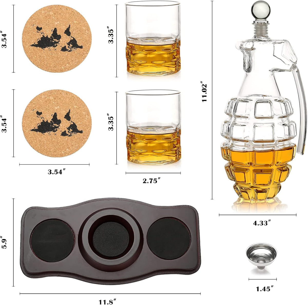 Whiskey Decanter Set Grenade Shaped Liquor Decanter Set with 2 Glasses - Scotch Bourbon Drinking