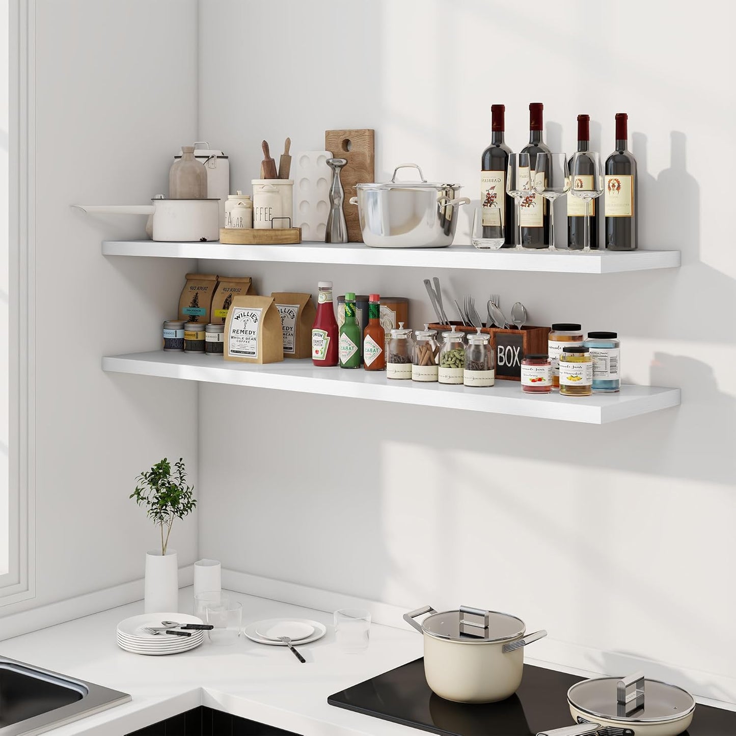 55" Floating Shelves for Wall, 12" Deep Slim White Floating Shelves, Wall-Mounted Shelves for