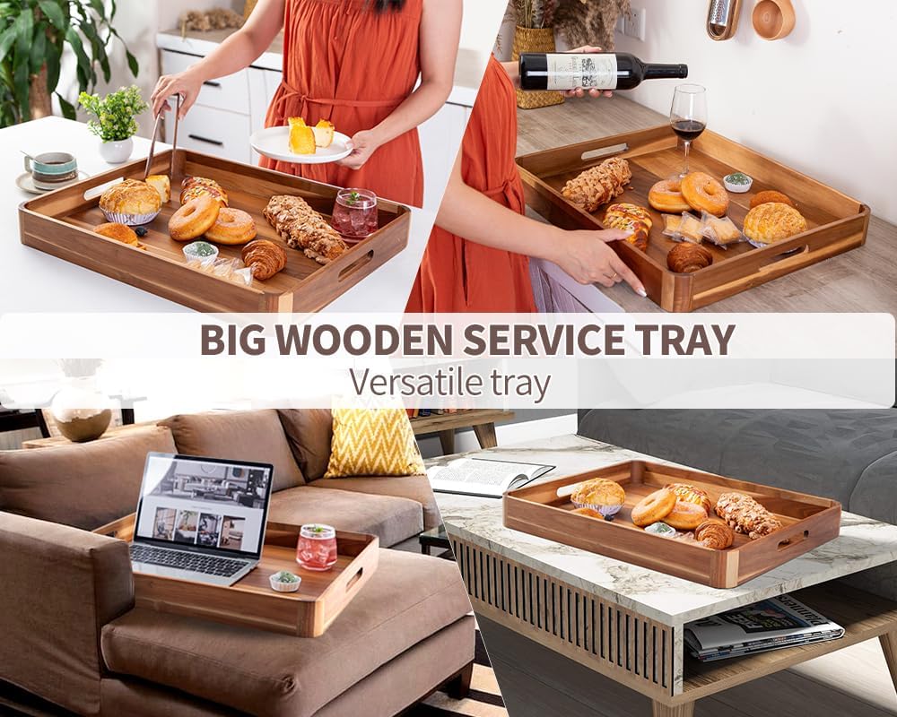 Large Wooden Ottoman Tray, Great 22"x18" Rectangle Trays for Big Ottoman Counter, Huge Kitchen Wood