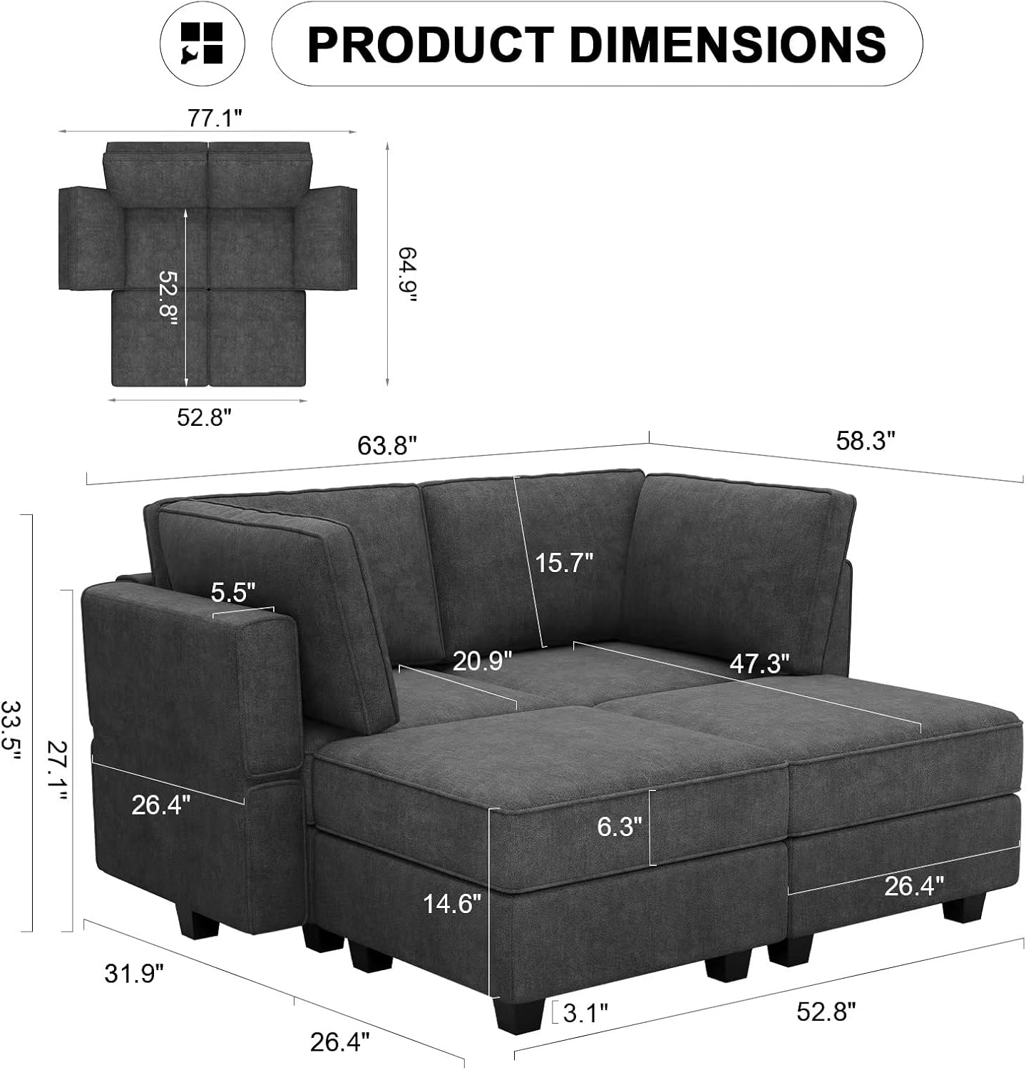 Bellfin Modular Sectional Sleeper Sofa Convertible Sofas with Storage Ottomans Small Sectional