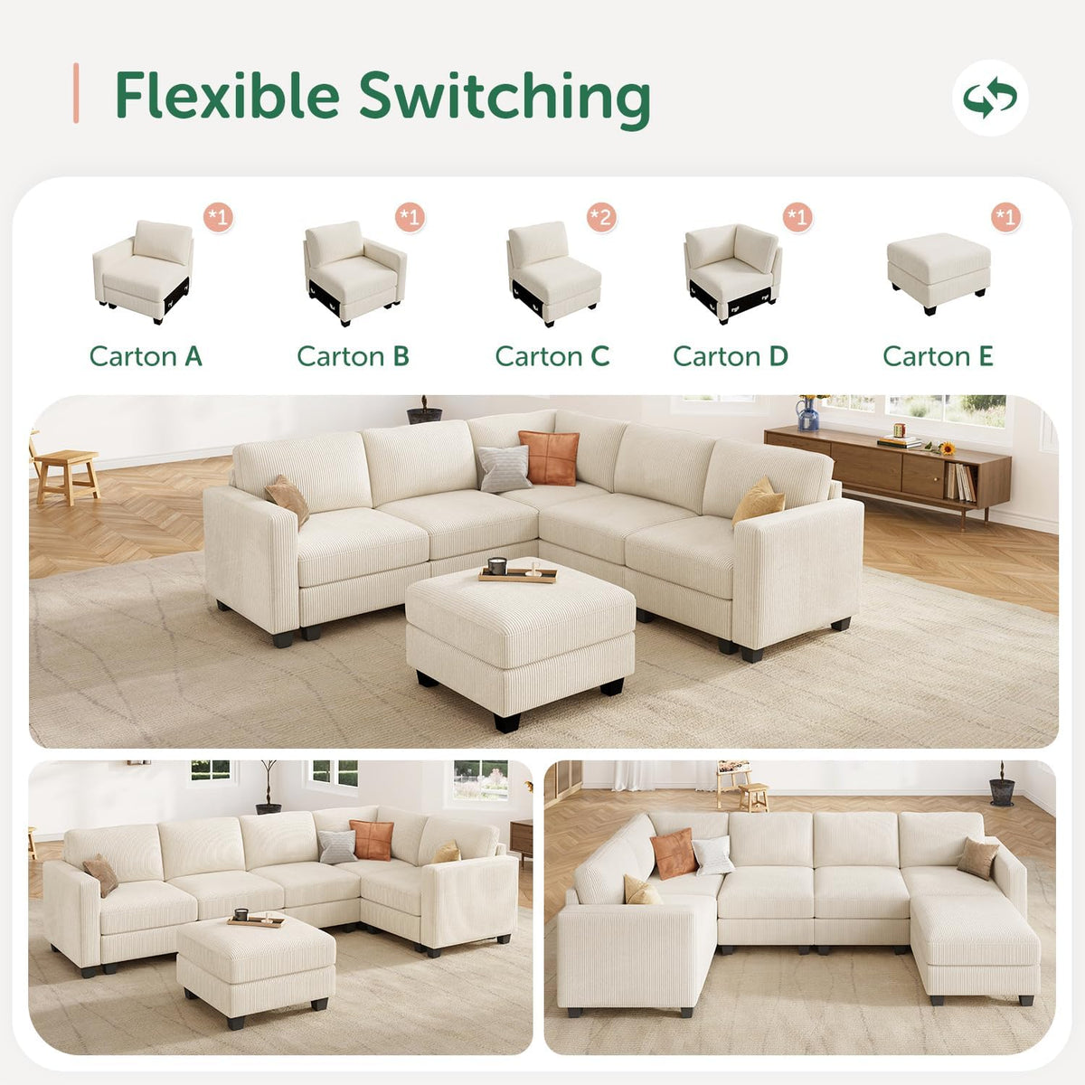 HONBAY Corduroy Modular Sectional Couch with Storage L-Shaped Sectional Couches for Living Room 6