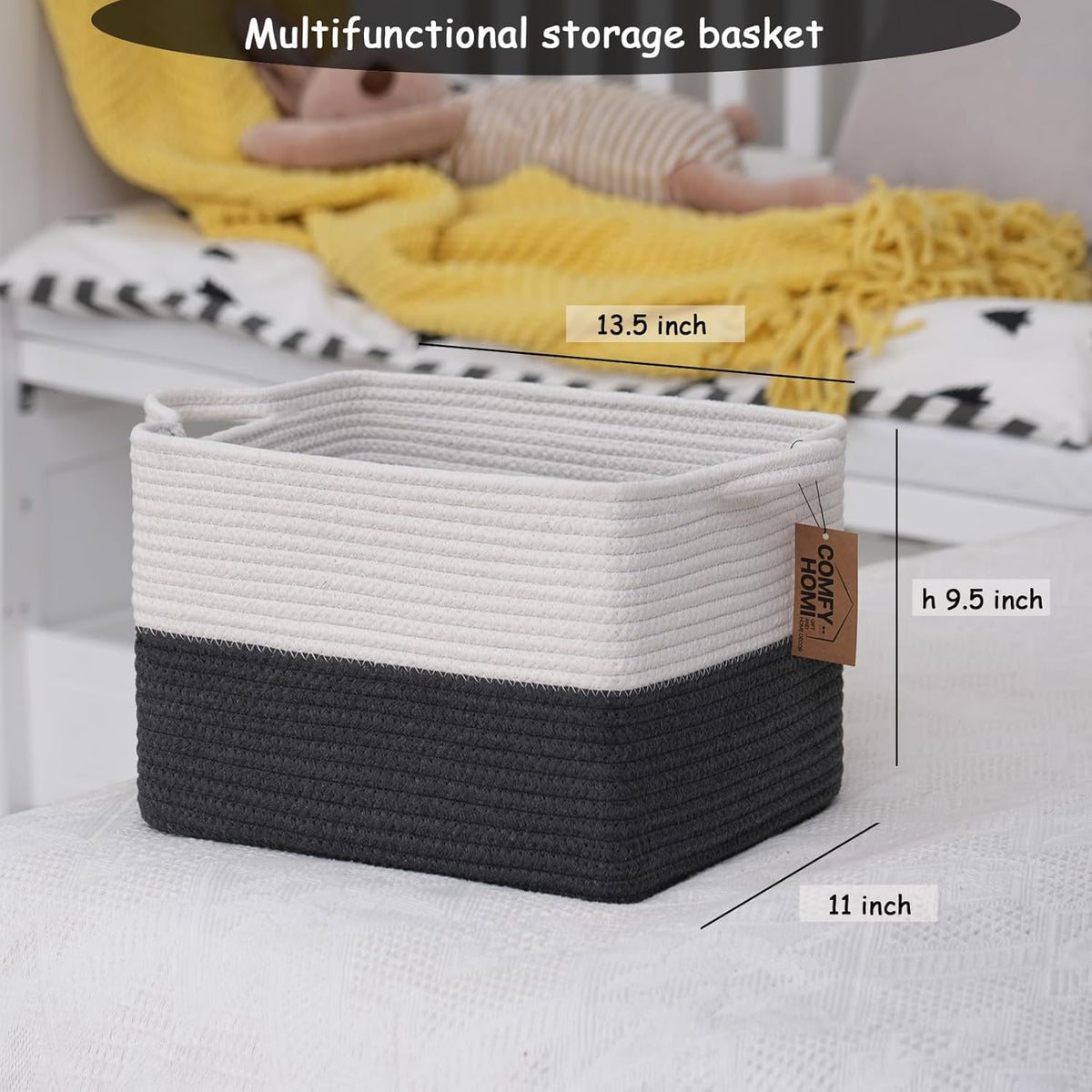 COMFY-HOMI Cotton Rope Woven Basket with Handles for Shelves,Toys,Book, Cloth Storage Baskets Bin